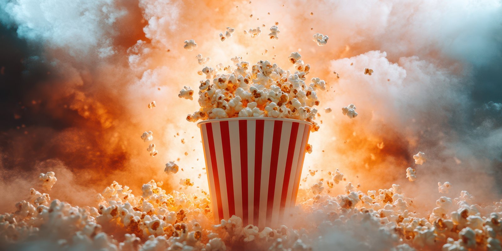 Popcorn bursts from a container amid a dramatic smokey and fiery explosion in a lively setting